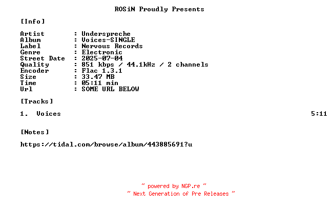 NFO for the release Underspreche-Voices-SINGLE-16BIT-WEB-FLAC-2025-ROSiN by ROSiN