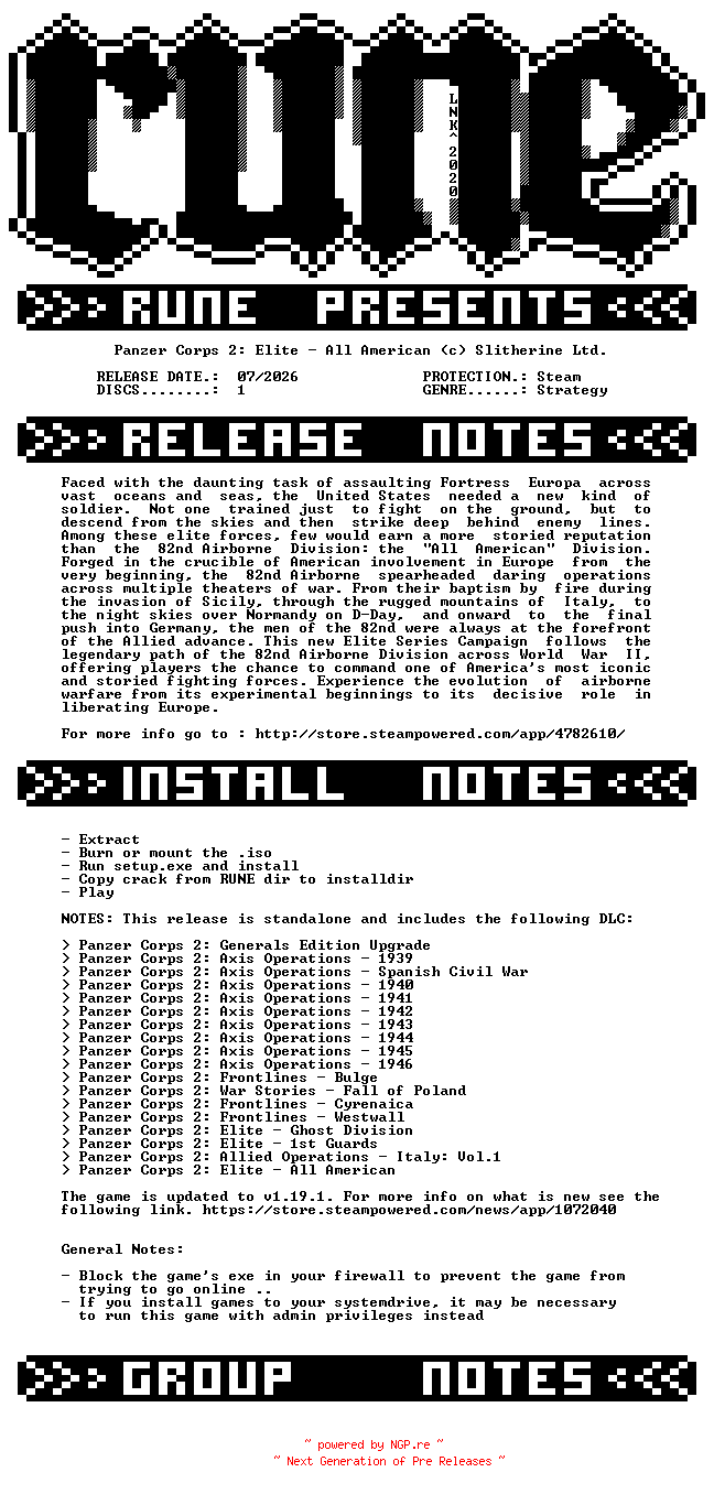 NFO for the release Panzer.Corps.2.Elite.All.American-RUNE by RUNE