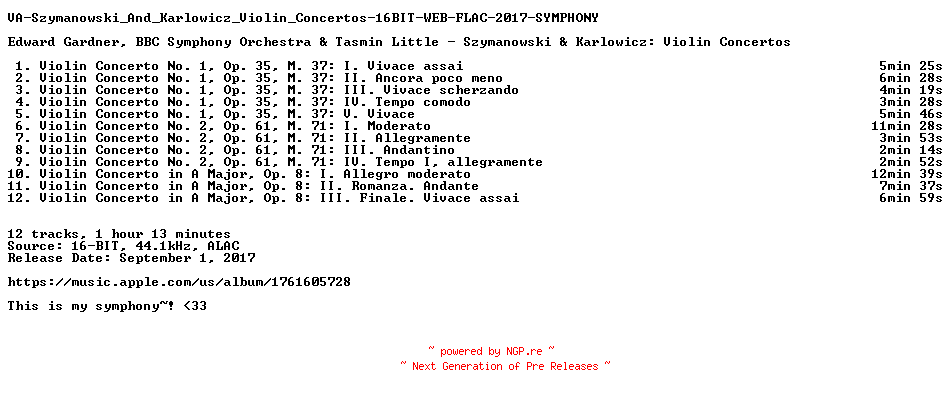 NFO for the release VA-Szymanowski_And_Karlowicz_Violin_Concertos-16BIT-WEB-FLAC-2017-SYMPHONY by SYMPHONY