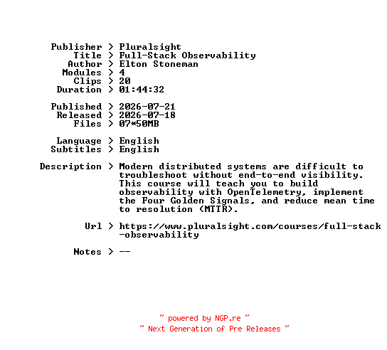 NFO for the release Pluralsight.Full-Stack.Observability.2026.BOOKWARE-GETH by GETH