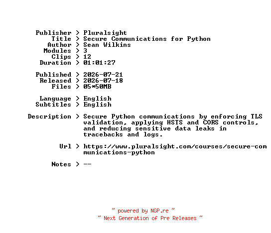 NFO for the release Pluralsight.Secure.Communications.for.Python.2026.BOOKWARE-GETH by GETH
