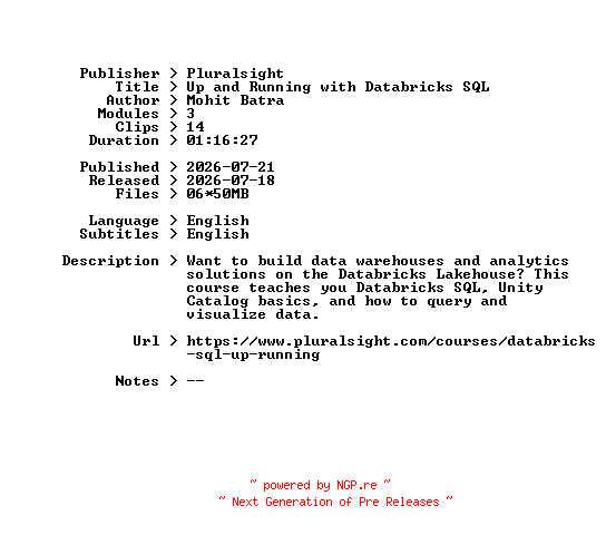 NFO for the release Pluralsight.Up.and.Running.with.Databricks.SQL.2026.BOOKWARE-GETH by GETH