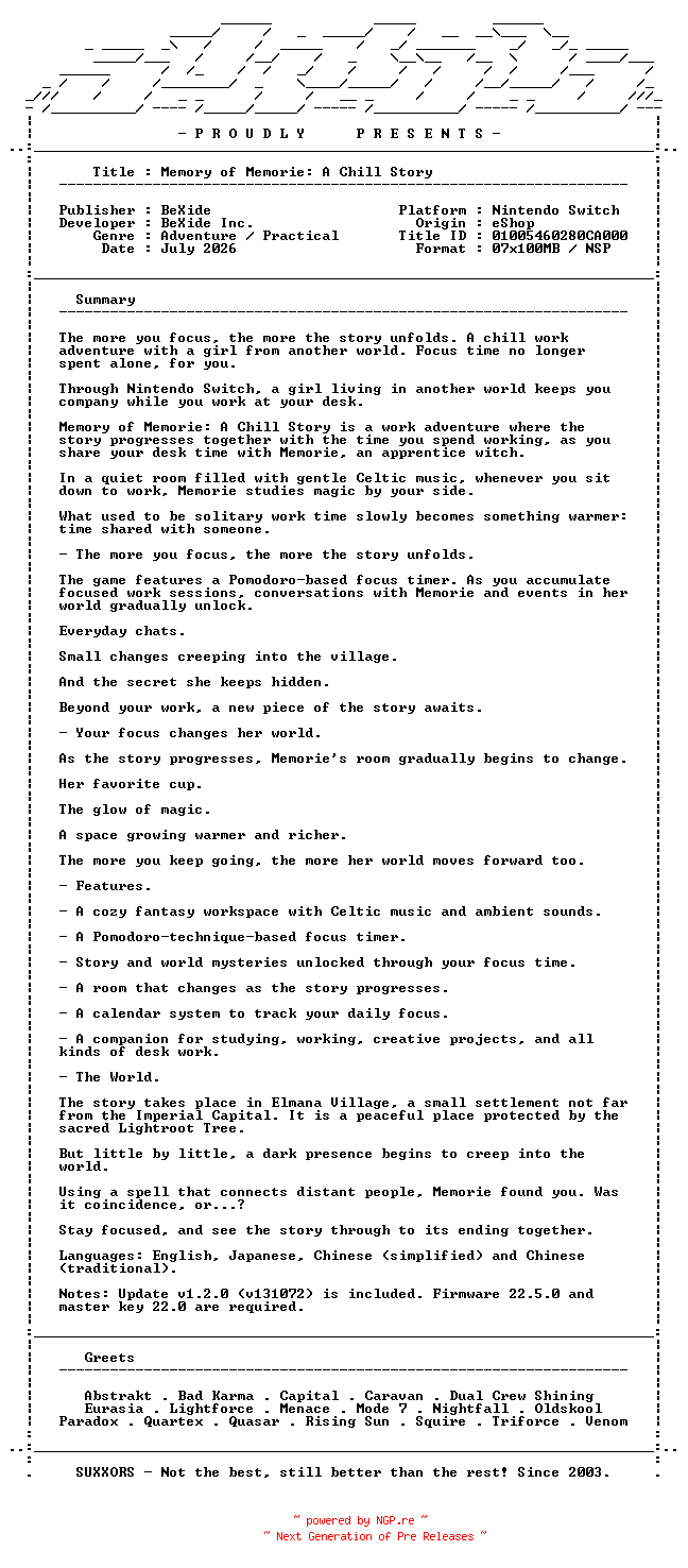 NFO for the release Memory_of_Memorie_A_Chill_Story_NSW-SUXXORS by SUXXORS