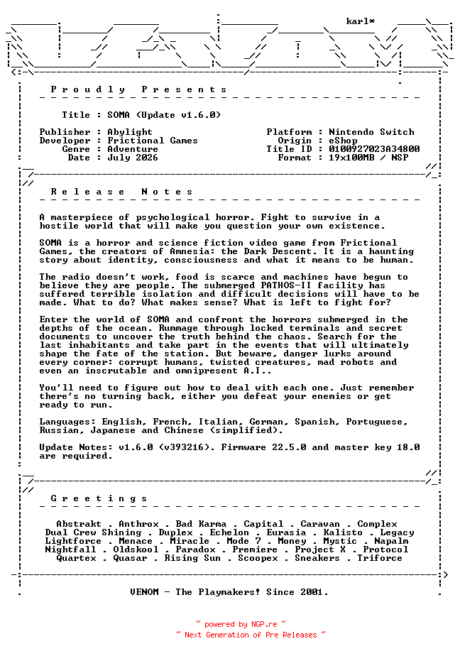 NFO for the release SOMA_Update_v1.6.0_NSW-VENOM by VENOM