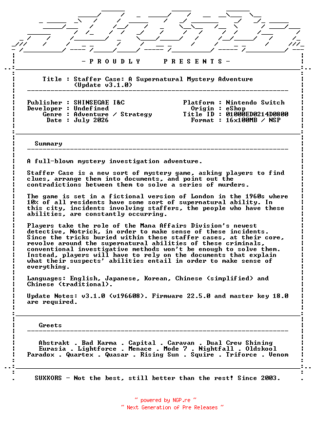 NFO for the release Staffer_Case_A_Supernatural_Mystery_Adventure_Update_v3.1.0_NSW-SUXXORS by SUXXORS