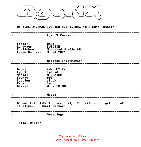 NFO for the release Bike.No.08.2026.SWEDiSH.HYBRiD.MAGAZiNE.eBook-AgentX by AgentX
