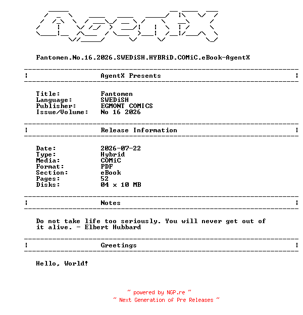 NFO for the release Fantomen.No.16.2026.SWEDiSH.HYBRiD.COMiC.eBook-AgentX by AgentX