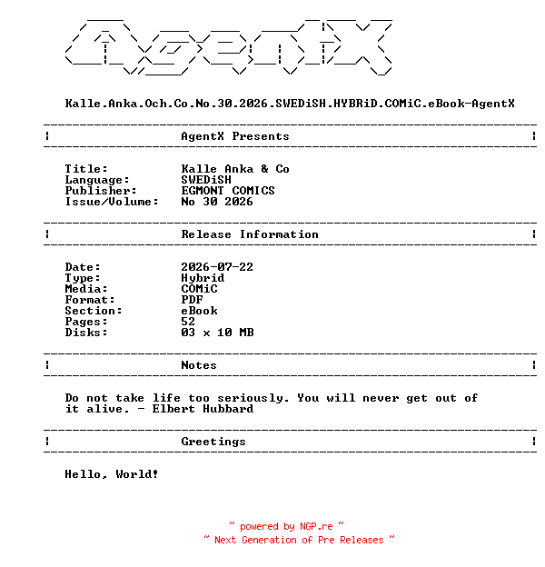 NFO for the release Kalle.Anka.Och.Co.No.30.2026.SWEDiSH.HYBRiD.COMiC.eBook-AgentX by AgentX
