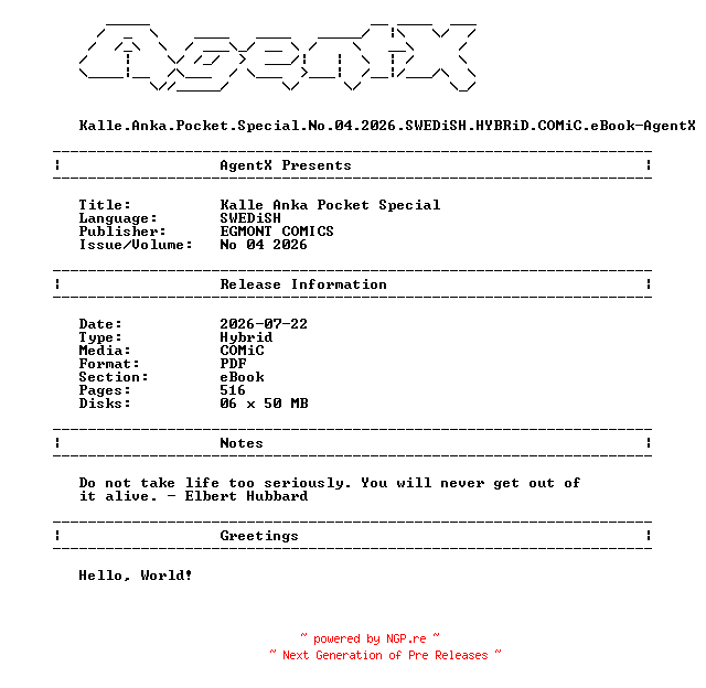 NFO for the release Kalle.Anka.Pocket.Special.No.04.2026.SWEDiSH.HYBRiD.COMiC.eBook-AgentX by AgentX