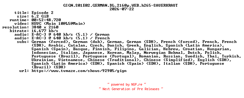 NFO for the release GIGN.S01E02.GERMAN.DL.2160p.WEB.h265-SAUERKRAUT by SAUERKRAUT