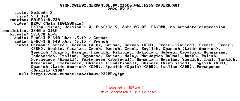 NFO for the release GIGN.S01E02.GERMAN.DL.DV.2160p.WEB.h265-SAUERKRAUT by SAUERKRAUT