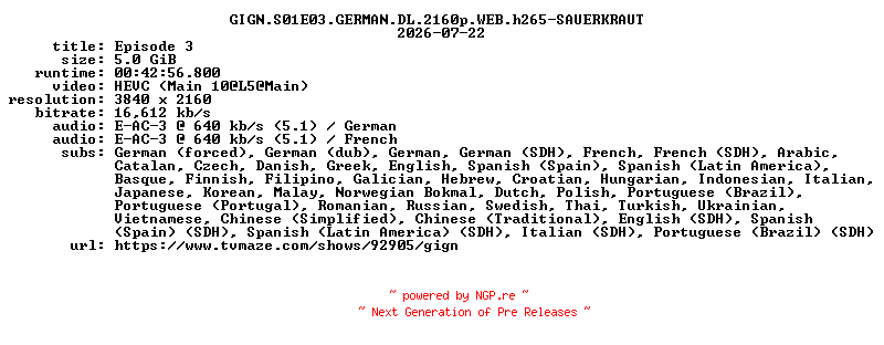 NFO for the release GIGN.S01E03.GERMAN.DL.2160p.WEB.h265-SAUERKRAUT by SAUERKRAUT