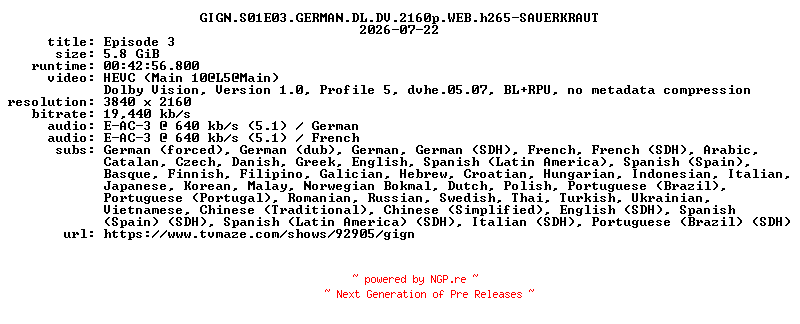 NFO for the release GIGN.S01E03.GERMAN.DL.DV.2160p.WEB.h265-SAUERKRAUT by SAUERKRAUT