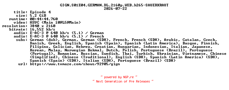 NFO for the release GIGN.S01E04.GERMAN.DL.2160p.WEB.h265-SAUERKRAUT by SAUERKRAUT