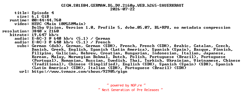 NFO for the release GIGN.S01E04.GERMAN.DL.DV.2160p.WEB.h265-SAUERKRAUT by SAUERKRAUT