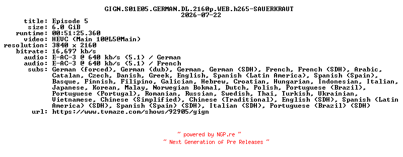 NFO for the release GIGN.S01E05.GERMAN.DL.2160p.WEB.h265-SAUERKRAUT by SAUERKRAUT