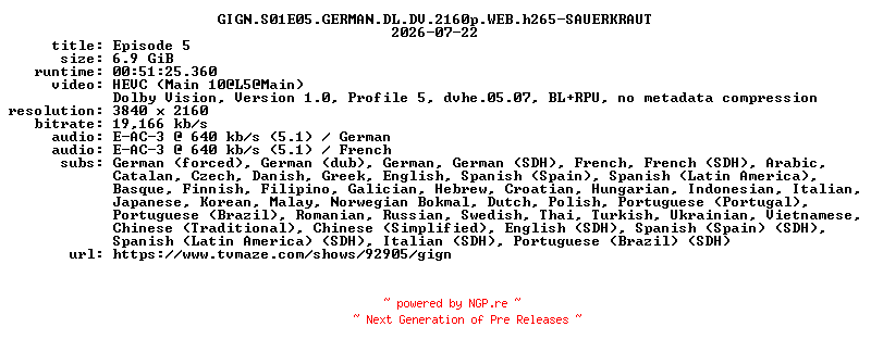 NFO for the release GIGN.S01E05.GERMAN.DL.DV.2160p.WEB.h265-SAUERKRAUT by SAUERKRAUT