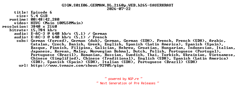 NFO for the release GIGN.S01E06.GERMAN.DL.2160p.WEB.h265-SAUERKRAUT by SAUERKRAUT