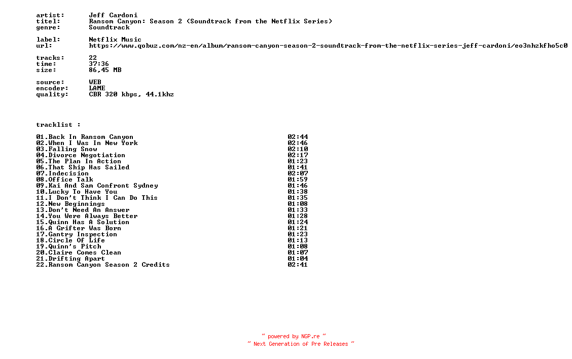 NFO for the release Jeff_Cardoni_-_Ransom_Canyon_Season_2_(Soundtrack_From_The_Netflix_Series)-OST-WEB-2026-BITCOINS by BITCOINS