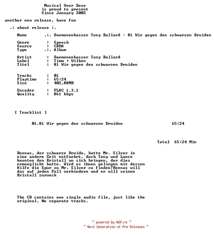 NFO for the release Daemonenhasser_Tony_Ballard-81_Wir_Gegen_Den_Schwarzen_Druiden-DE-Audiobook-CD-FLAC-2026-MOD by MOD