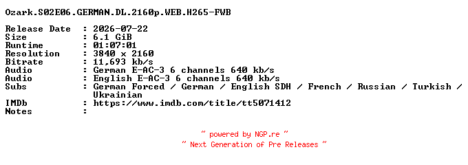 NFO for the release Ozark.S02E06.GERMAN.DL.2160p.WEB.H265-FWB by FWB