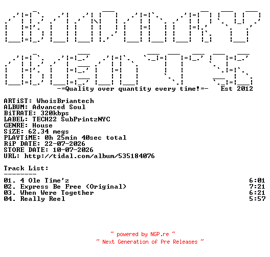 NFO for the release WhoisBriantech-Advanced_Soul-(TCHNYC004)-WEB-2026-BB by BB
