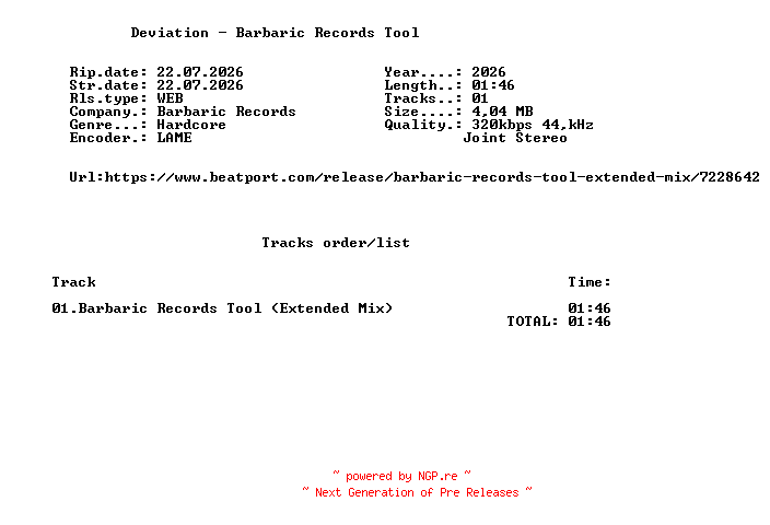 NFO for the release Deviation_-_Barbaric_Records_Tool-(BBR264)-SINGLE-WEB-2026-FMC by FMC