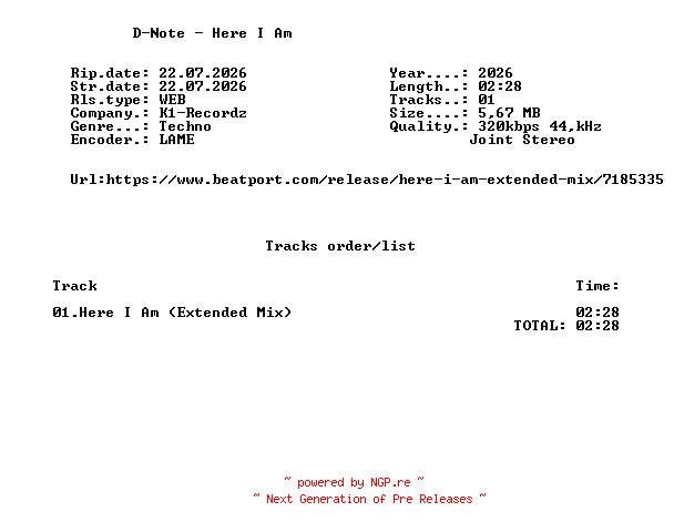 NFO for the release D-Note_-_Here_I_Am-(K1R377)-SINGLE-WEB-2026-FMC by FMC