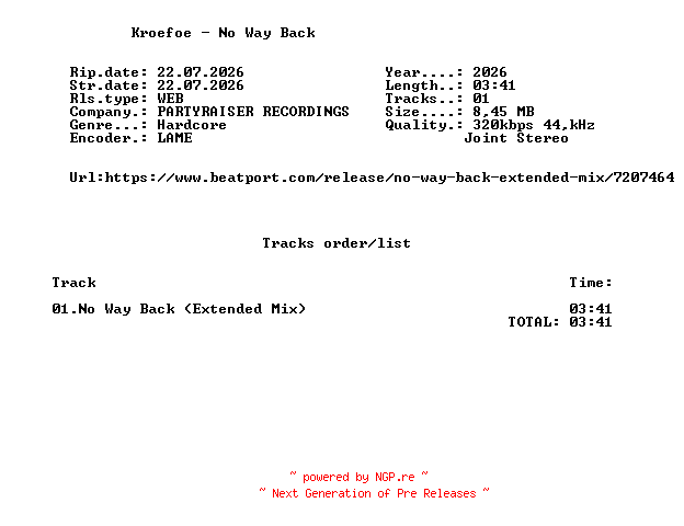 NFO for the release Kroefoe_-_No_Way_Back-(PR281)-SINGLE-WEB-2026-FMC by FMC