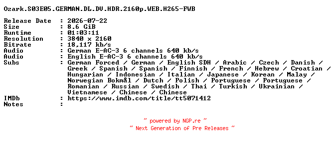 NFO for the release Ozark.S03E05.GERMAN.DL.DV.HDR.2160p.WEB.H265-FWB by FWB