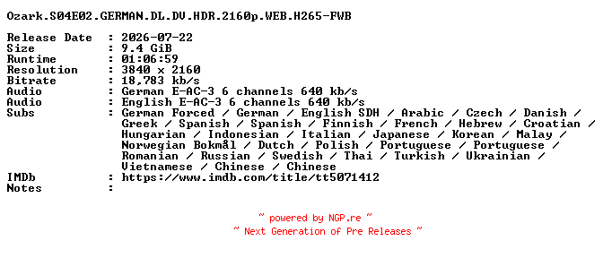 NFO for the release Ozark.S04E02.GERMAN.DL.DV.HDR.2160p.WEB.H265-FWB by FWB