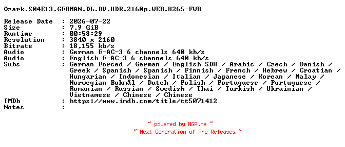 NFO for the release Ozark.S04E13.GERMAN.DL.DV.HDR.2160p.WEB.H265-FWB by FWB