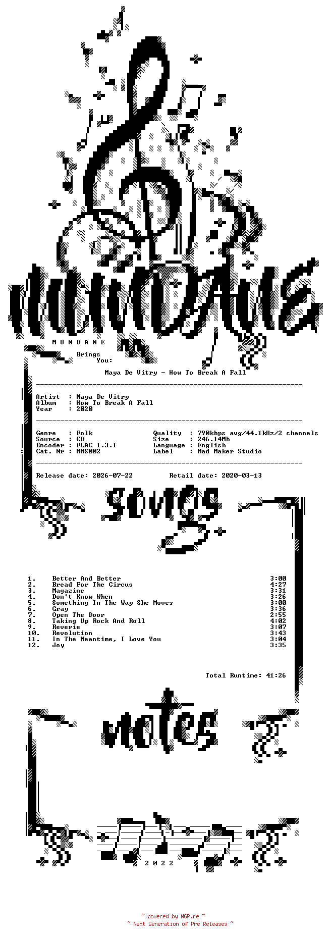 NFO for the release Maya_De_Vitry-How_To_Break_A_Fall-(MMS002)-CD-FLAC-2020-MUNDANE by MUNDANE