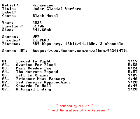 NFO for the release Acharniae-Under_Glacial_Warfare-16BIT-WEB-FLAC-2026-VEXED by VEXED