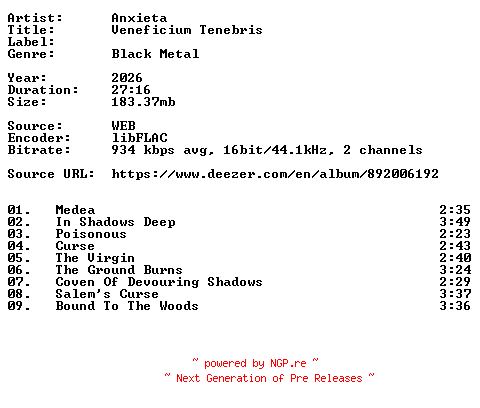 NFO for the release Anxieta-Veneficium_Tenebris-16BIT-WEB-FLAC-2026-VEXED by VEXED