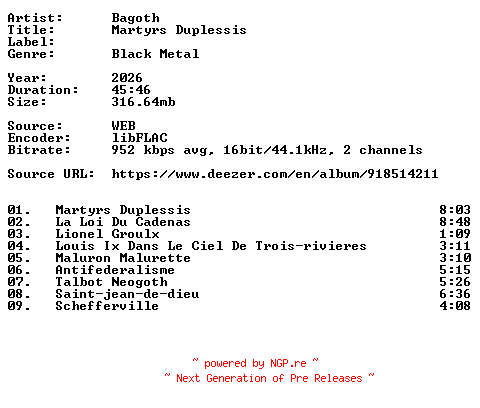 NFO for the release Bagoth-Martyrs_Duplessis-16BIT-WEB-FLAC-2026-VEXED by VEXED