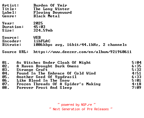 NFO for the release Burden_Of_Ymir-The_Long_Winter-16BIT-WEB-FLAC-2025-VEXED by VEXED