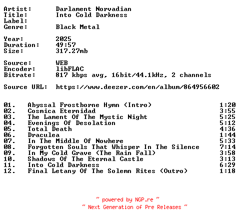 NFO for the release Darlament_Norvadian-Into_Cold_Darkness-16BIT-WEB-FLAC-2025-VEXED by VEXED
