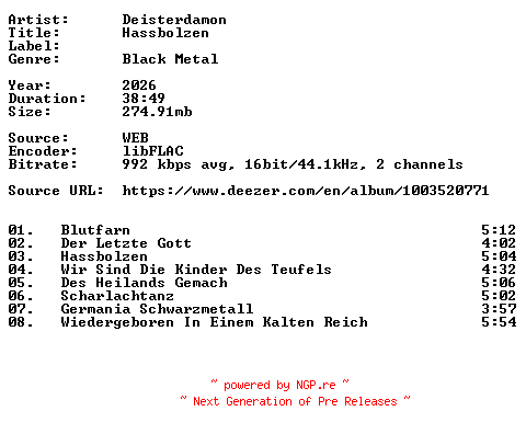 NFO for the release Deisterdamon-Hassbolzen-DE-16BIT-WEB-FLAC-2026-VEXED by VEXED