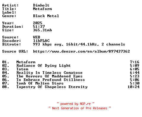 NFO for the release Dimholt-Metaform-16BIT-WEB-FLAC-2025-VEXED by VEXED