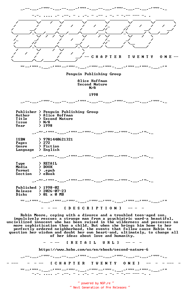 NFO for the release Alice.Hoffman.-.Second.Nature.1998.RETAIL.EPUB.eBook-CTO by CTO