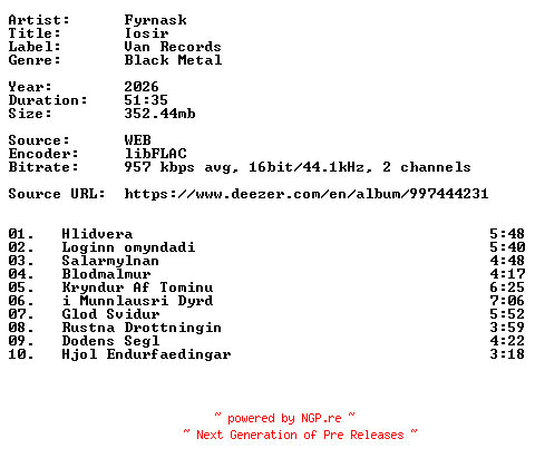 NFO for the release Fyrnask-Iosir-DE-16BIT-WEB-FLAC-2026-VEXED by VEXED