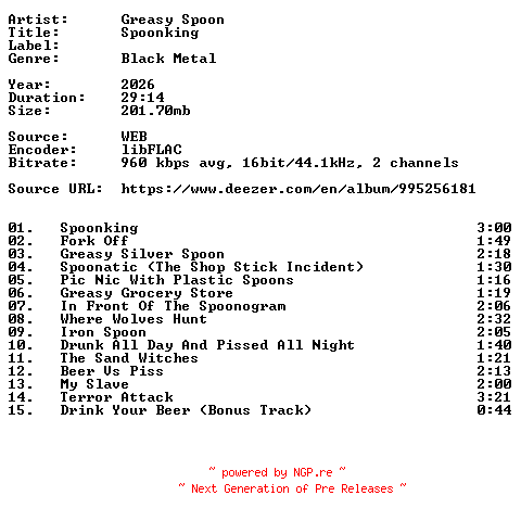 NFO for the release Greasy_Spoon-Spoonking-16BIT-WEB-FLAC-2026-VEXED by VEXED