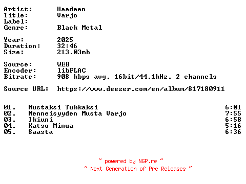 NFO for the release Haadeen-Varjo-FI-16BIT-WEB-FLAC-2025-VEXED by VEXED