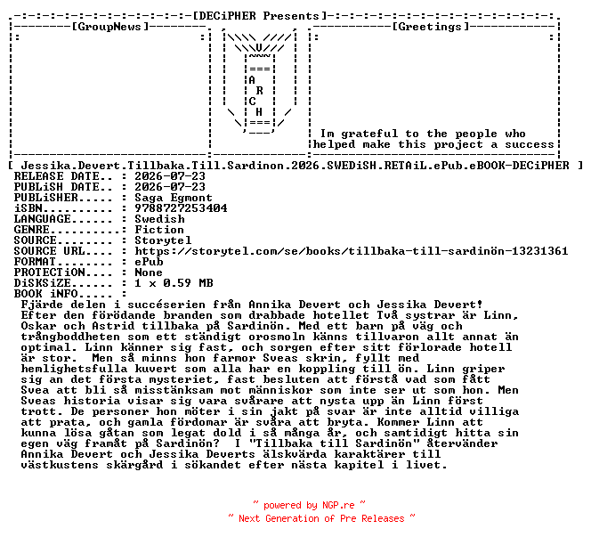 NFO for the release Jessika.Devert.Tillbaka.Till.Sardinon.2026.SWEDiSH.RETAiL.ePub.eBOOK-DECiPHER by DECiPHER