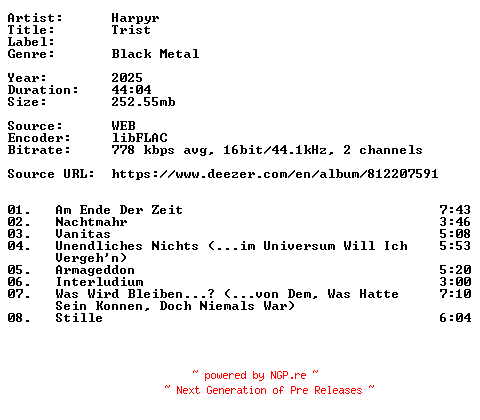 NFO for the release Harpyr-Trist-DE-16BIT-WEB-FLAC-2025-VEXED by VEXED