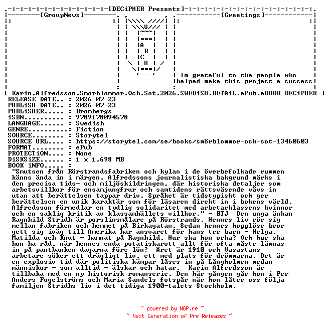 NFO for the release Karin.Alfredsson.Smorblommor.Och.Sot.2026.SWEDiSH.RETAiL.ePub.eBOOK-DECiPHER by DECiPHER