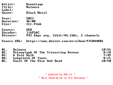 NFO for the release Hermitage-Balance-16BIT-WEB-FLAC-2023-VEXED by VEXED