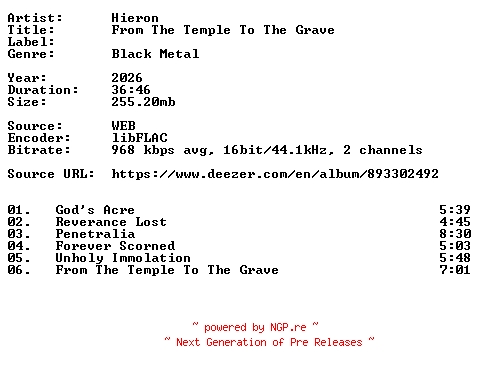 NFO for the release Hieron-From_The_Temple_To_The_Grave-16BIT-WEB-FLAC-2026-VEXED by VEXED
