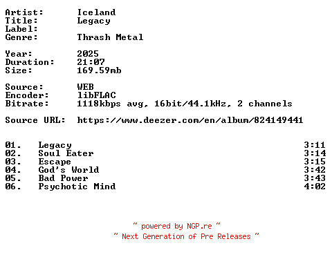 NFO for the release Iceland-Legacy-16BIT-WEB-FLAC-2025-VEXED by VEXED